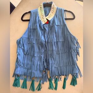 Artisan Style Blue Fringe Vest With Green Tassels | Size Large | Studded Collar